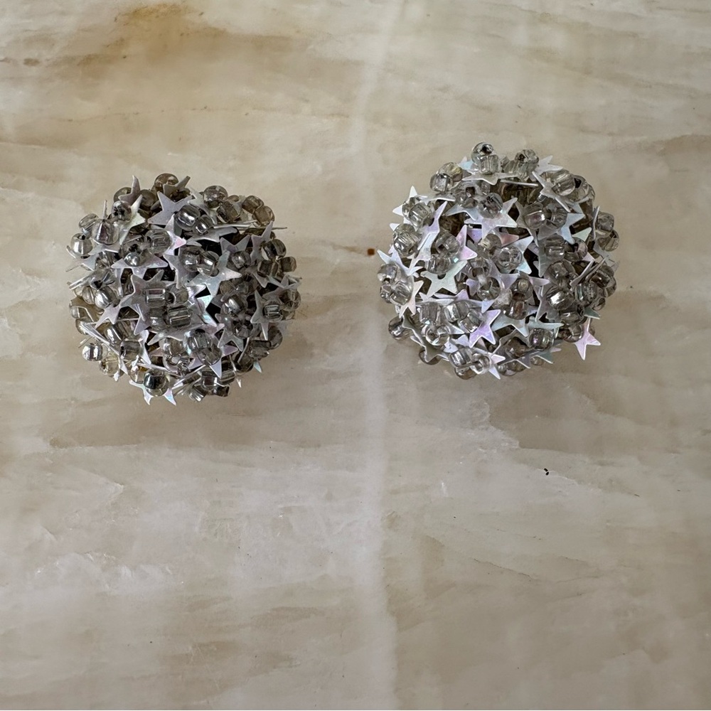 Vintage screw back earrings silver iridescent stars beading celestial